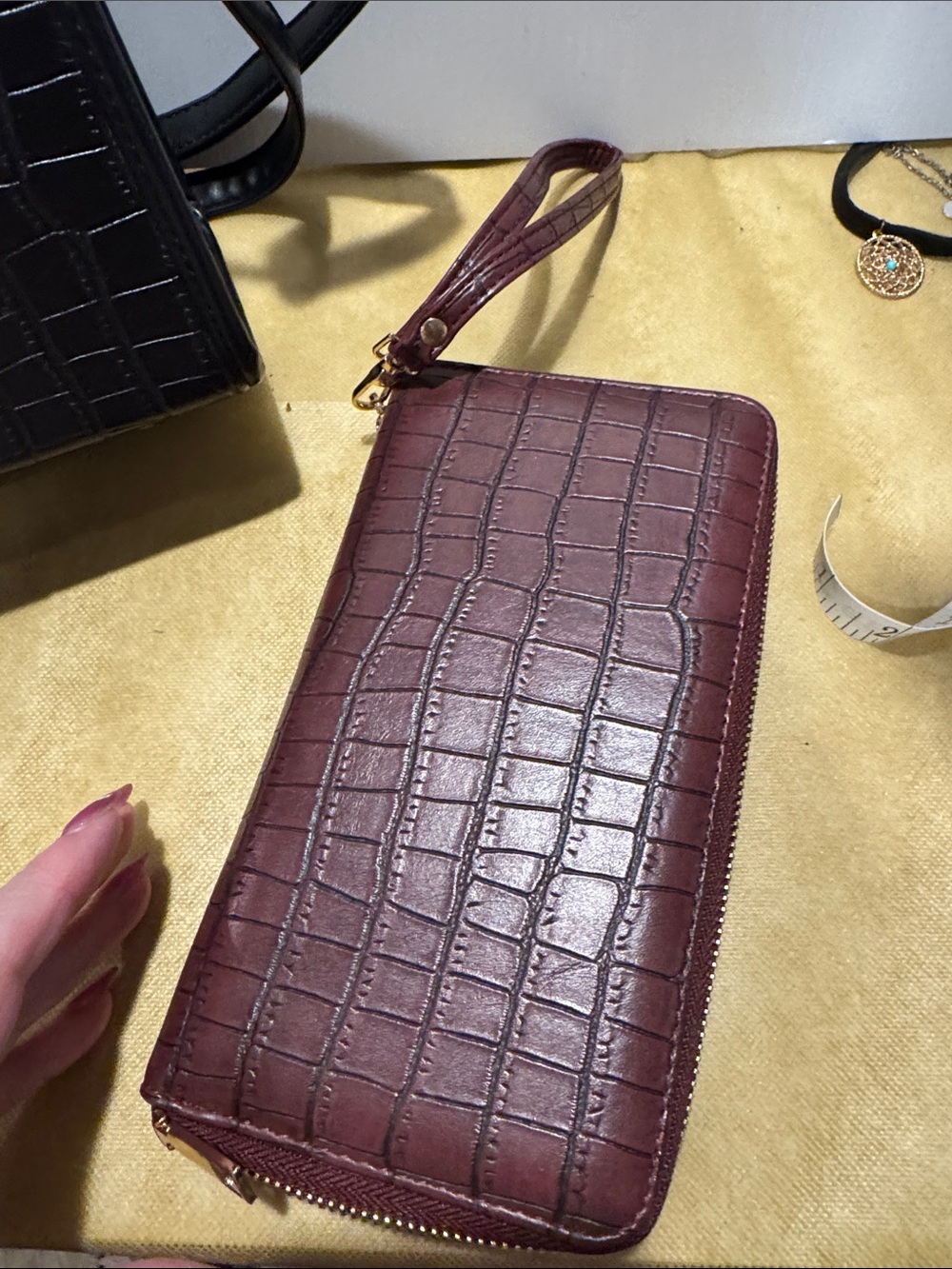 Croc-Embossed Black and Burgundy Satchel with Gold Accent Matching Billfold - Picture 7 of 14